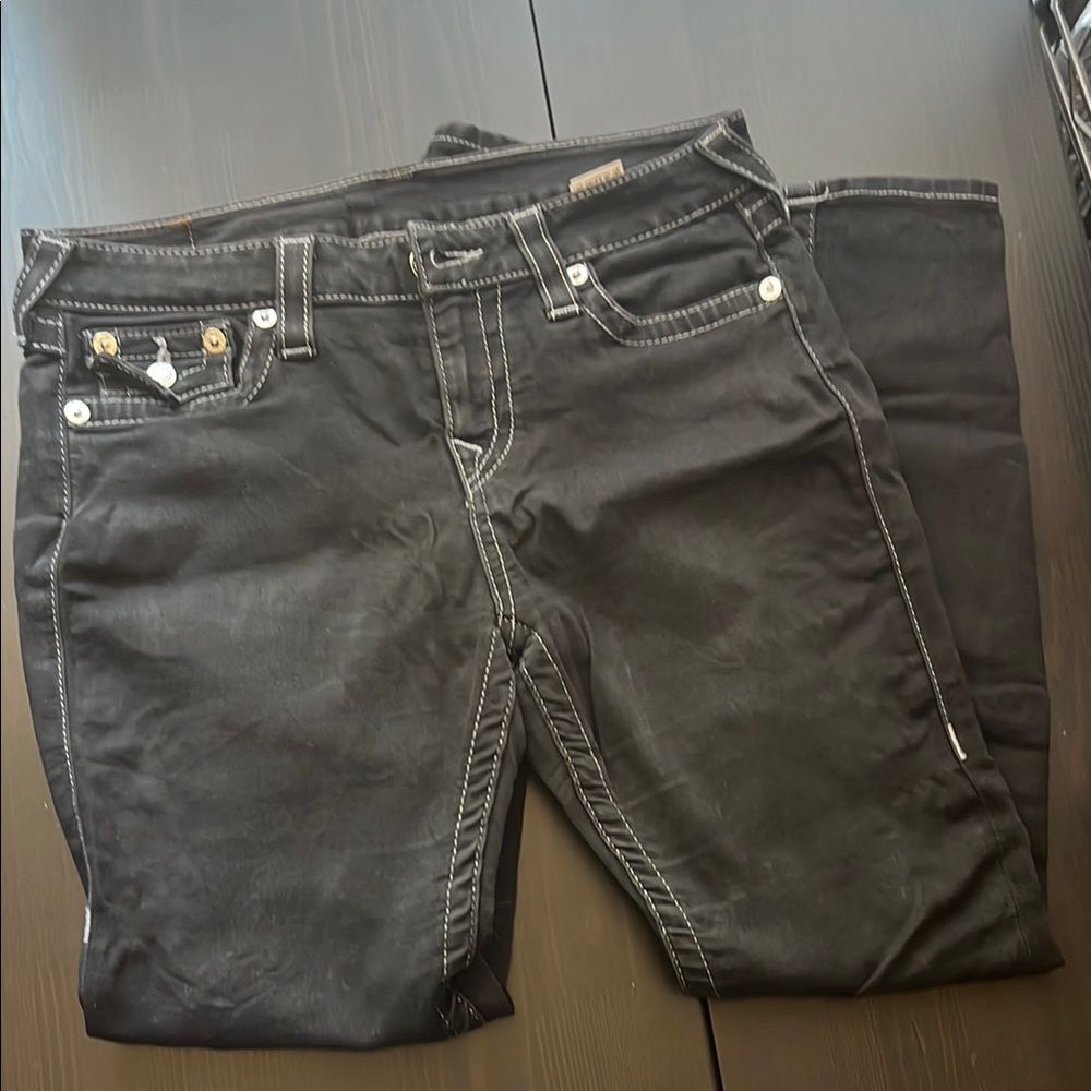 TRUE RELIGION Vintage Black White Seam Flare Mid-Low Rise Jean 29 Short